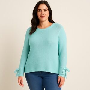 Coco + Jaimeson Aqua Knit Sweater XL Bow Sleeve Lightweight Pullover Cozy